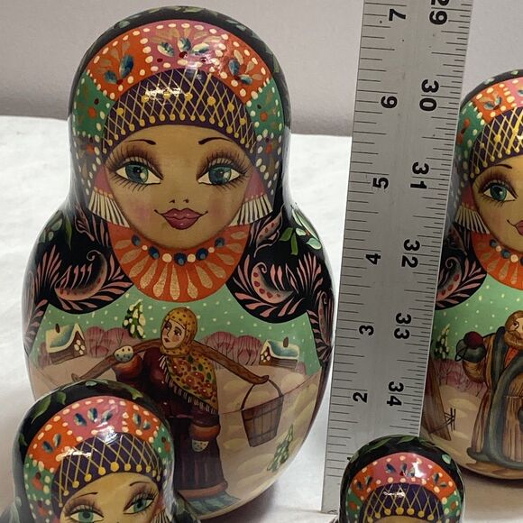 Vintage Winter Russian Hand Painted Matryoshka 10 Piece Nesting Doll 7” - Picture 2 of 13